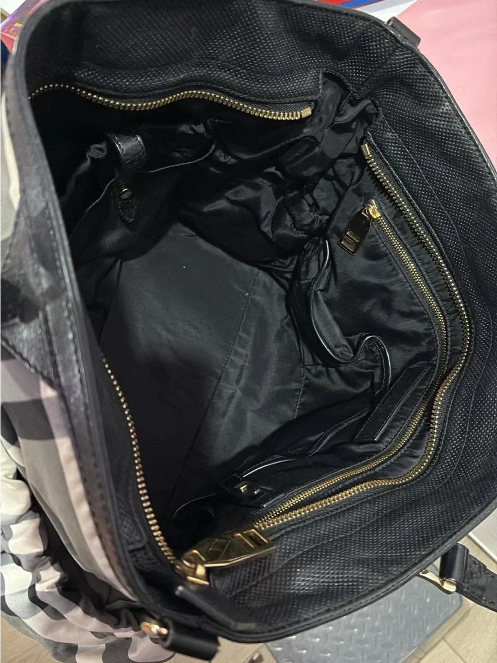 Burberry Black and Gray Plaid baby Tote with Leather Trim